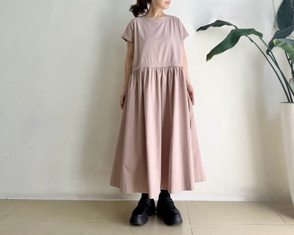 半袖サイドリボンワンピース * Cotton素材 ほんのりPink Beige