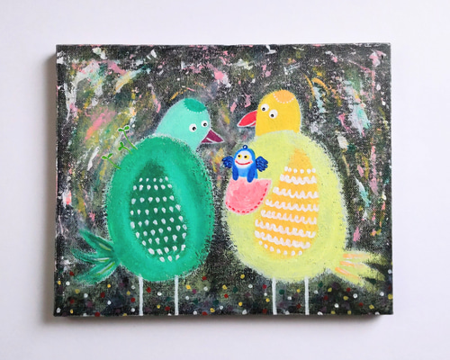 絵画 原画『話せる聞ける』キャンバス(F4号) 一点物 真作 鳥 インテリア 絵画 原画『話せる聞ける』キャンバス(F4号) 一点物 真作 鳥