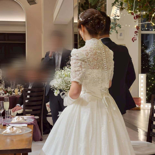 実例写真！ボレロ 半袖 インポートビジューレース くるみボタン