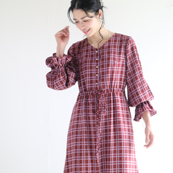 【ボルドー×ラベンダー】春映えチェックとろみロングワンピース♥着痩せ・体型カバー・洗える 3枚目の画像