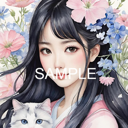 浜辺で海の夕陽を見ている少女と猫(オリジナルイラスト)A4 №s-8147