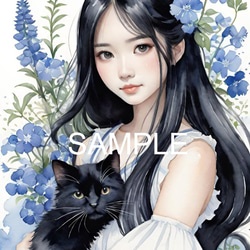 浜辺で海の夕陽を見ている少女と猫(オリジナルイラスト)A4 №s-8147