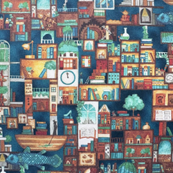 【文庫】不思議な本の街のブックカバー　ブルー　型崩れしにくい　布　サイズ変更可能　　 4枚目の画像