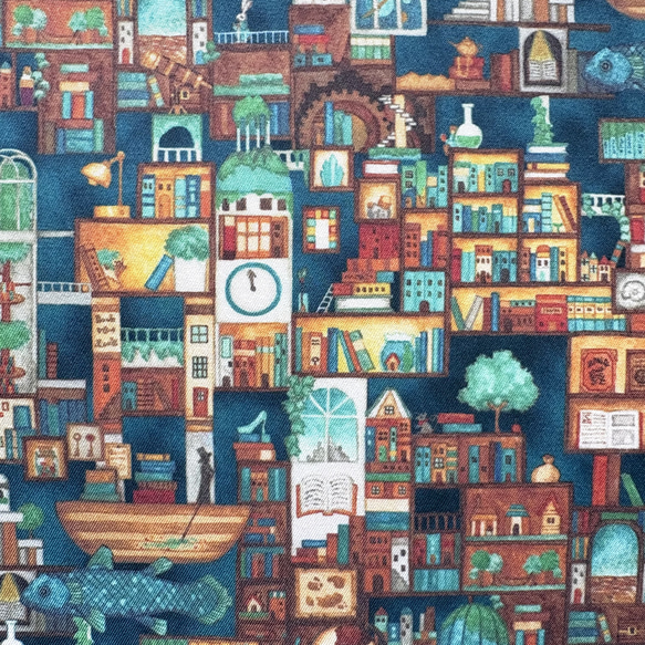 【文庫】不思議な本の街のブックカバー　ブルー　型崩れしにくい　布　サイズ変更可能　　 4枚目の画像