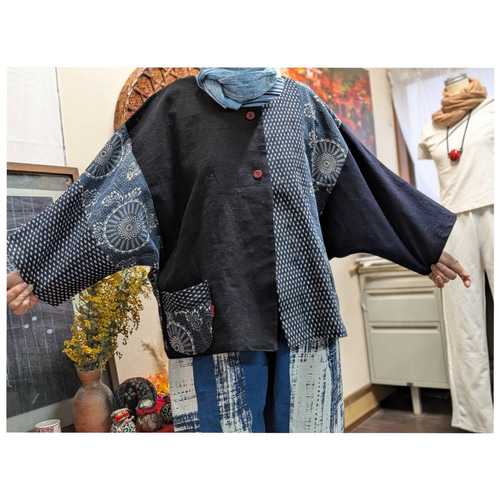 型染め筒がき雪ん子絣の前開きジャケット 古布リメイク ジャケット
