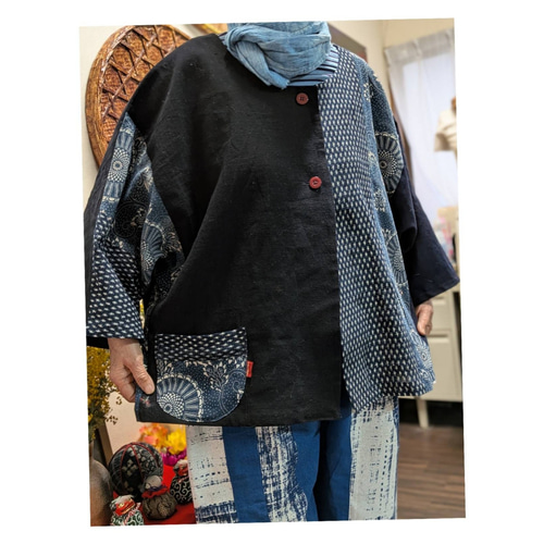 型染め筒がき雪ん子絣の前開きジャケット 古布リメイク ジャケット
