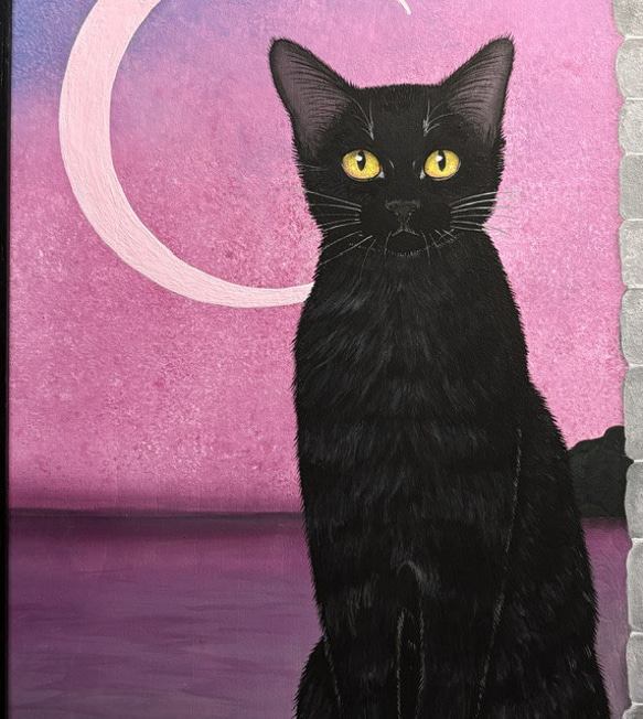 【原画】「ピンクムーン」／黒猫 2枚目の画像