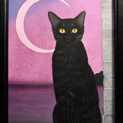 【原画】「ピンクムーン」／黒猫 1枚目の画像