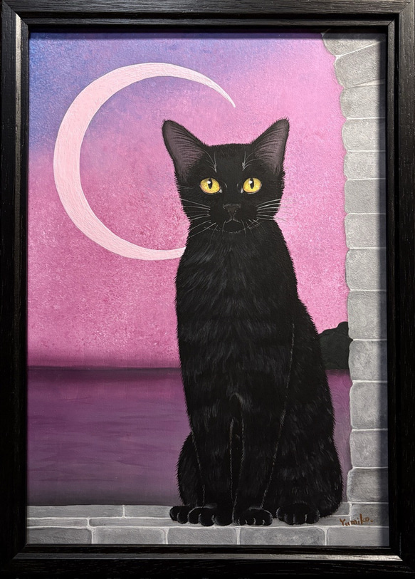 【原画】「ピンクムーン」／黒猫 1枚目の画像