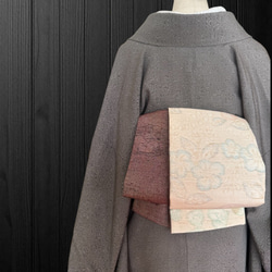 *着物反物*　大島紬と塩沢紬　大人の兵児帯　半幅帯　長尺475cm　ハンドメイド 着物反物* 幾何学模様灰茶大島と塩沢紬白 大人の兵児帯 半幅帯 長尺