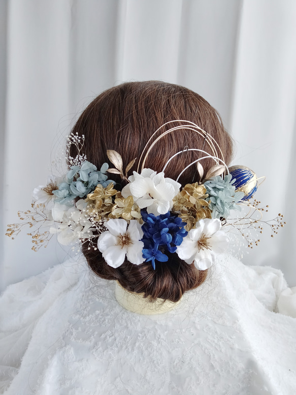 リンゴの花×白金青紺の紫陽花の成人式髪かざり 水引 水引き 水引 