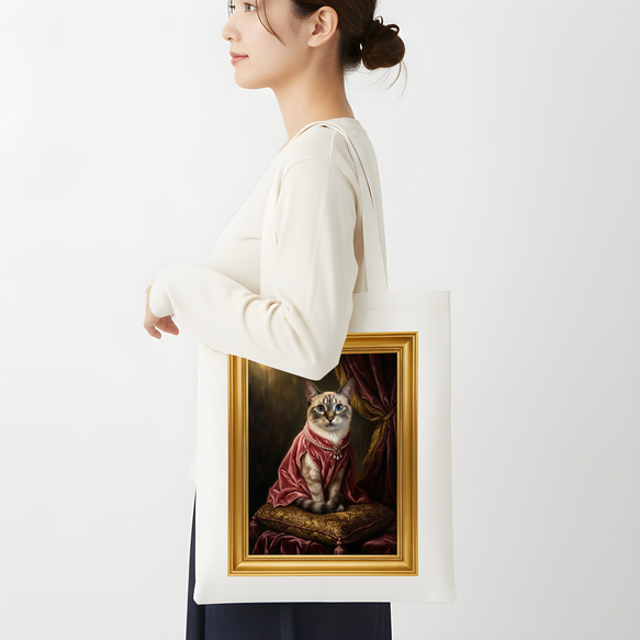 猫（シャム猫）トートバッグ ルネサンス風カラーアート 金縁フレーム 2枚目の画像
