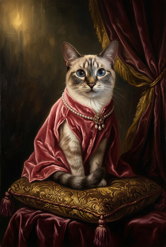 猫（シャム猫）トートバッグ ルネサンス風カラーアート 金縁フレーム 6枚目の画像