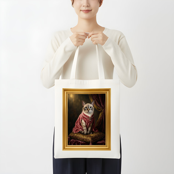 猫（シャム猫）トートバッグ ルネサンス風カラーアート 金縁フレーム 3枚目の画像