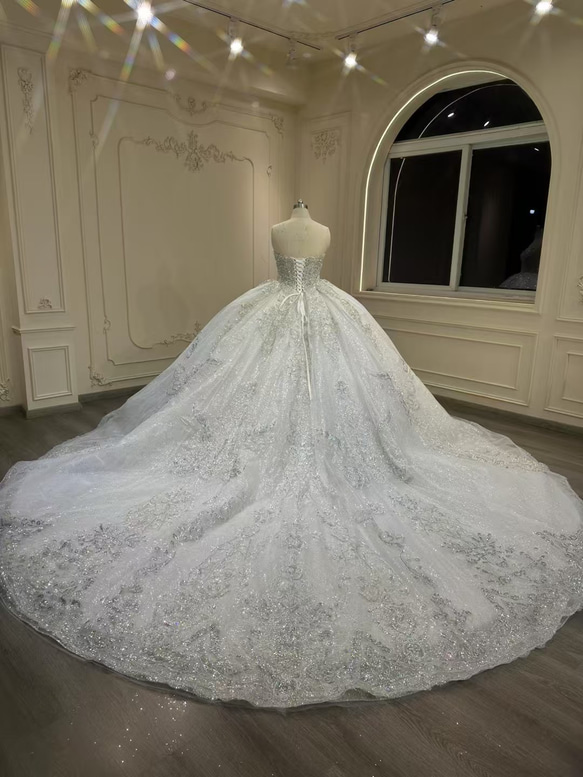 激安、チャンスをつかむ　取り外し可能袖　オフショルダー　二の腕カバー　白ホワイト　グッリター編み上げ　ブライダル海外挙式 7枚目の画像