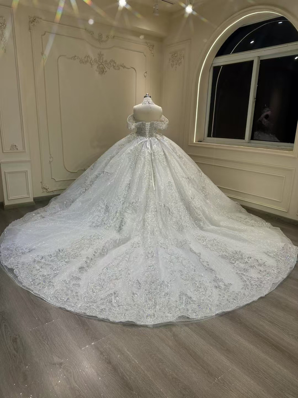 激安、チャンスをつかむ　取り外し可能袖　オフショルダー　二の腕カバー　白ホワイト　グッリター編み上げ　ブライダル海外挙式 8枚目の画像