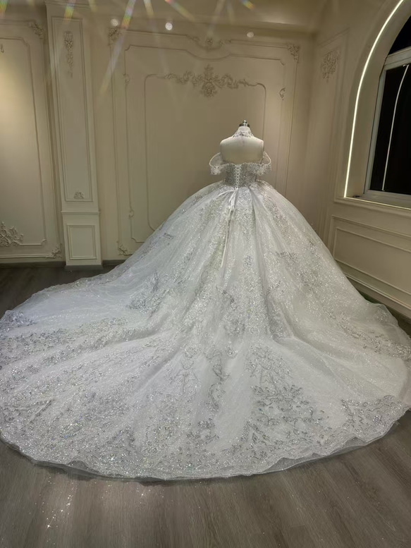 激安、チャンスをつかむ　取り外し可能袖　オフショルダー　二の腕カバー　白ホワイト　グッリター編み上げ　ブライダル海外挙式 5枚目の画像