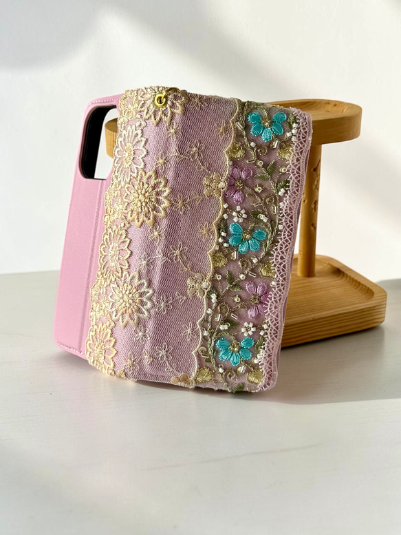 ビーズフラワー/ピンク スマホケース/iPhoneケース 4枚目の画像