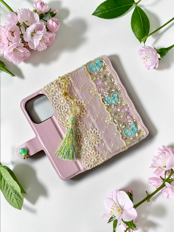 ビーズフラワー/ピンク スマホケース/iPhoneケース 2枚目の画像