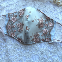 刺繍レースマスク〉華やかピンク×ネイビー 立体刺繍♡抗菌加工 布