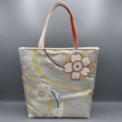 桜柄帯リメイクファスナートート26-5 着物 帯 帯締め ハンドメイド トートバッグ リメイク 金 桜 さくら 六