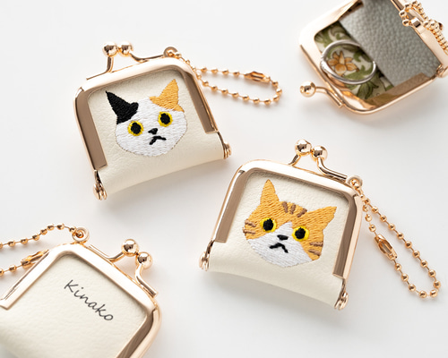 がま口 チャーム 【 猫 刺繍 】 名入れ 本革 ウィリアムモリス 小物
