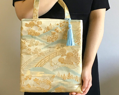 24金3重箔 寿峰錦 和装バッグ 帯リメイク A4サイズサブバッグ