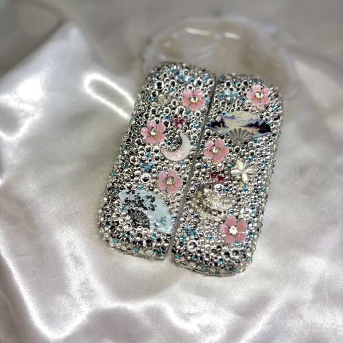 キラキラ✨️水色 ブラック 和柄 和風 桜 蝶 お面 蛇 扇子 月 デコ