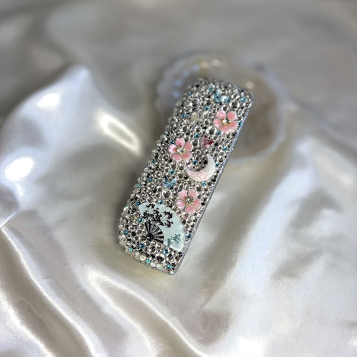 キラキラ✨️水色 ブラック 和柄 和風 桜 蝶 お面 蛇 扇子 月 デコ