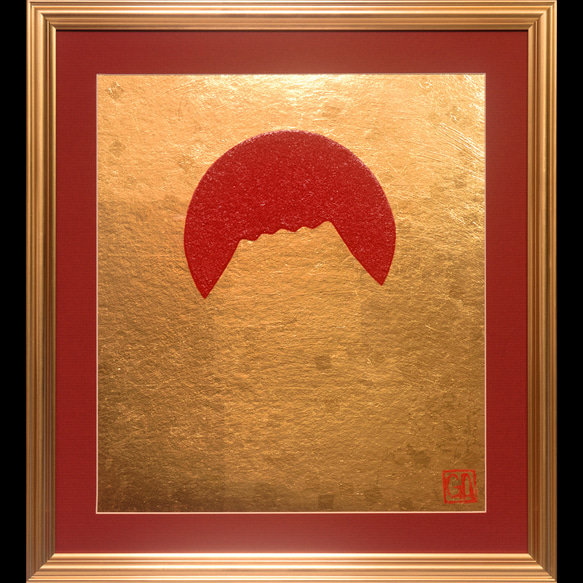 ●『太陽と金の富士図』原画　合金箔貼り絵●がんどうあつし絵画コラージュ太陽富士山 ○『太陽と金の富士図』原画 合金箔貼り絵○がんどうあつし絵画