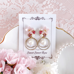 ピアス　薔薇　ピンク　白　マーブル　パール　ハート　プレゼント 再販】Heart Hoop ～White Rose～ イヤリング/ピアス/ハート/フープ