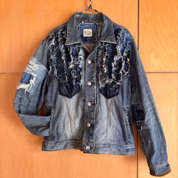 ○SOLD○SAYOCAFE裂き編み風デニムクレイジーパッチのミニバケツバッグ