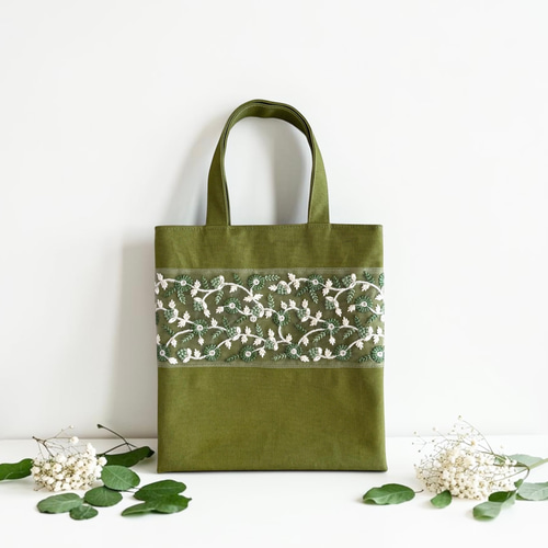 なっちゃん様 インド刺繍生地 ミニトートバッグ ハンドメイド グリーンチュールレース/インド刺繍×帆布◇ミニトート トートバッグ