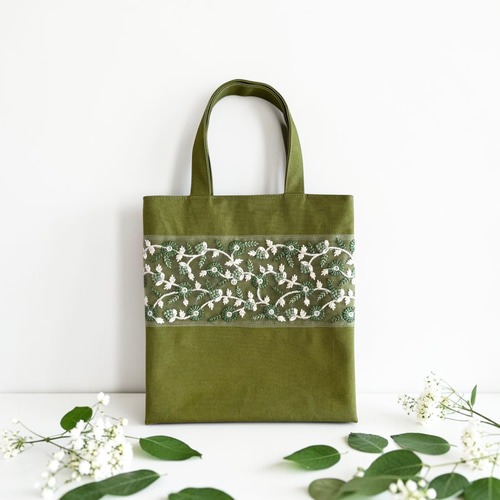 グリーンチュールレース/インド刺繍×帆布◇ミニトート トートバッグ
