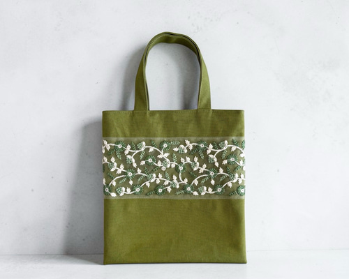 グリーンチュールレース/インド刺繍×帆布◇ミニトート トートバッグ