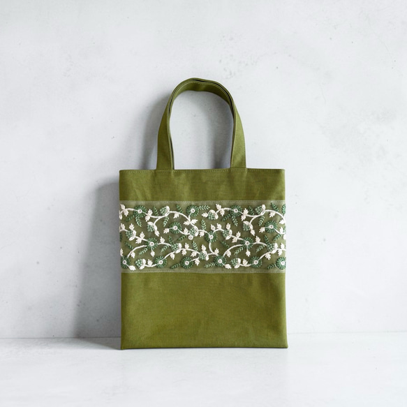 グリーンチュールレース/インド刺繍×帆布◇ミニトート トートバッグ