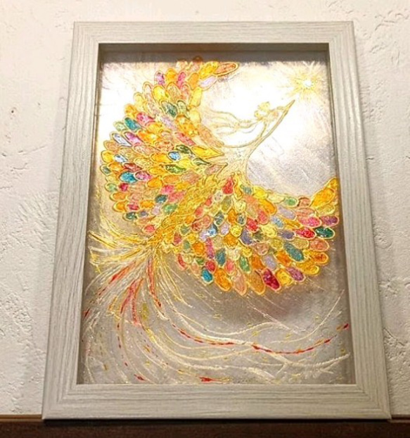 鳳凰がオシャレな垂らしアート、流体アートフィギュア 一点物！ 目を引く光の1点物 アート＊幻の虹色鳳凰 最強パワー光エナジー