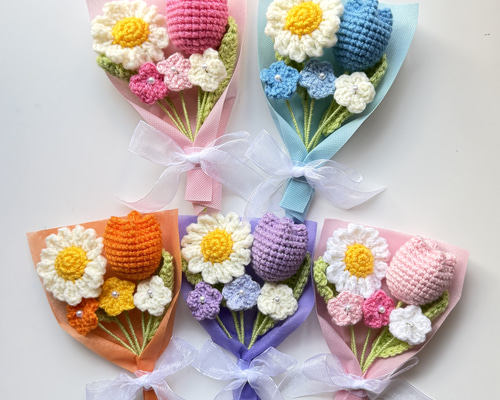 人気No. 1 チューリップとデイジーのミニブーケ 枯れない花 毛糸の花束