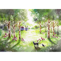 原画】庭園の風景（水彩画/額無し）☆送料無料 風景画 新緑 絵画