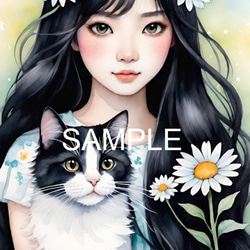 浜辺で海の夕陽を見ている少女と猫(オリジナルイラスト)A4 №s-8147
