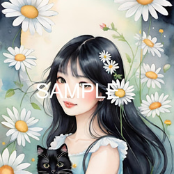浜辺で海の夕陽を見ている少女と猫(オリジナルイラスト)A4 №s-8147