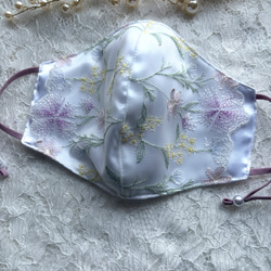 刺繍レースマスク〉華やかピンク×ネイビー 立体刺繍♡抗菌加工 布