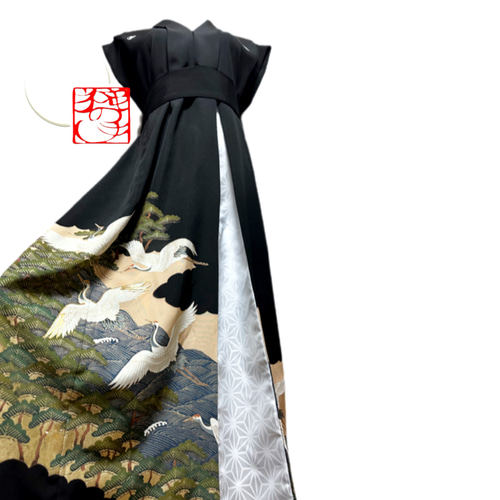留袖　着物リメイク　ドレス　アクセント切替　和柄　ワンピース　松や風景×麻の葉 留袖 着物リメイク アクセント切替ドレス 和柄 ワンピース 鶴や松