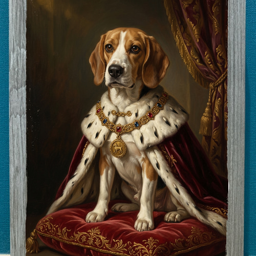犬（ビーグル）のルネサンス風肖像画 油絵風アートA4額装プリント