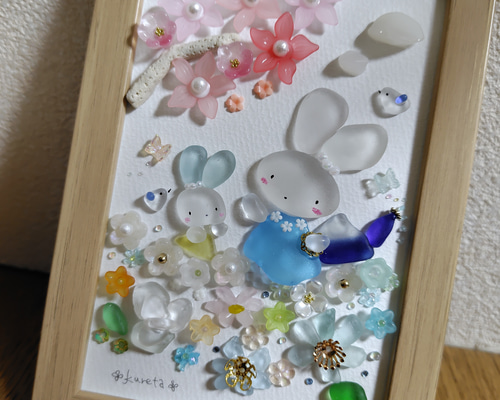 原画　一点物　シーグラスアート　インテリア　アート　うさぎ　桜 8-12「春だねー」シーグラスアート うさぎ 花 インテリア 春 雑貨