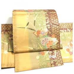 正絹 作り帯 二部式 二重太鼓 袋帯 金茶から若草色へ 四季折々の草花 正絹 作り帯 二部式 二重太鼓 袋帯 金茶から若草色へ 四季折々の草花