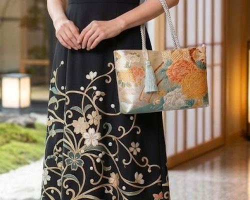 帯バッグ【流水牡丹紋様】佐賀錦 金箔 プラチナ箔 2wayバッグ 帯