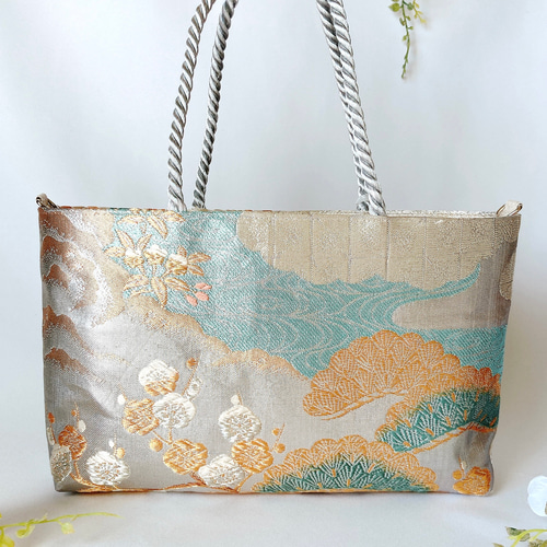 帯バッグ【流水牡丹紋様】佐賀錦 金箔 プラチナ箔 2wayバッグ 帯