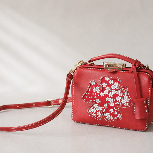 本革 桜柄 がま口バッグ ミニショルダー 小さめ 2way レザーバッグ 春