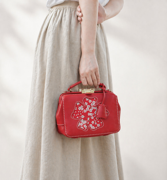 本革 桜柄 がま口バッグ ミニショルダー 小さめ 2way レザーバッグ 春